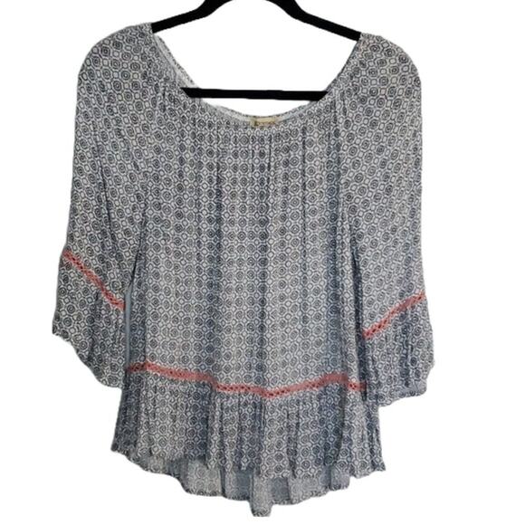 Democracy Blue/White Babydoll Blouse Flutter Sleeves Coral Crochet Accent SZ M - Picture 1 of 6